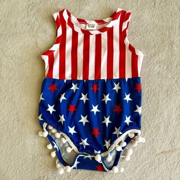 Pat Pat Baby Girl Red, White & Blue Stars and Stripes Romper - Picture 1 of 6
